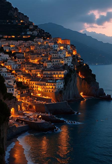 Amalfi Coast Cliffside Village
At dusk, the iconic cliffside village on the Amalfi Coast glows as lights flicker in homes perched above crashing waves. Robert Cottingham’s architectural photorealism brings out the intricate stonework of the buildings, each window and facade rendered with stunning accuracy. Oscar Ukonu’s hyperrealistic detail captures the delicate human figures enjoying the view, adding life and intimacy to the scene. Ivan Fedorovich Choultsé’s dramatic lighting sets the sky ablaze, casting warm hues over the village and ocean, blending realism and atmosphere into a breathtaking moment.
vivid colors. 
detailmaximizer, aidmaMJ6.1,  Movie Still, Film Still, Cinematic, Cinematic Shot, Cinematic Lighting, detailxl, flux-style, midjourneyv6.1