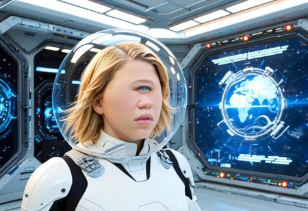 cyclopsgirl, thinmonobrow, "Imagine Lea Seydoux in a futuristic space station orbiting Earth, wearing a sleek, futuristic spacesuit with metal details and blue LED lights. She stands at the center of an intense scene, where bursts of light and sparks fly around her. Holographic screens float in the air, displaying critical data. Lea has a determined expression, her face illuminated by the glow of the control panels in front of her. In the background, other astronauts can be seen in action, with robotic arms and hovering drones. The space station itself is a mix of glass and metal, with a breathtaking view of Earth through a large glass window. <lora:Lea Seydoux SDXL:1.2>, Lea Seydoux, bleu eyes, woman, blond hair, skinny beautiful