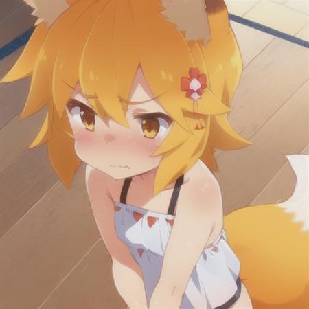 (beach:1.4)
<lora:senko_2023-04-03_nai_no-vae_lr_1e-3_dim64:0.8> sen, blonde hair, 1girl, animal ears, (fox ears:1.1), blush, animal ear fluff, solo, hair ornament, fox girl, hair flower, hair between eyes, short hair, orange eyes,
(thoughtful and very embarrassed:1.4), (holding his chin:1.2), fox tail, tail, (looks at the floor:1.4), looks away
(small swimsuit: 1.2), left angle, costs
 <lora:GoodHands-vanilla:1>