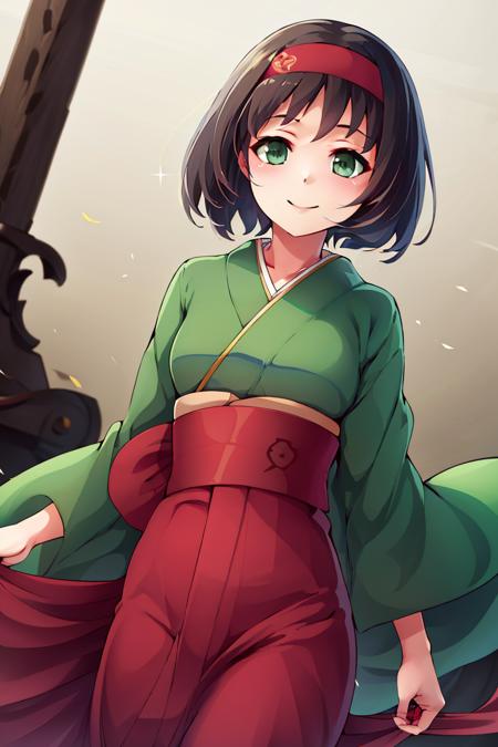 Erika_Pokemon, green eyes, short black hair, kimono, hakama, red hairband, 