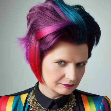 analog style, modelshoot style, portrait of sks woman by Flora Borsi, style by Flora Borsi, bold, bright colours, rainbow Mohawk haircut, ((Flora Borsi)) <lora:p4tobuly-10:1>