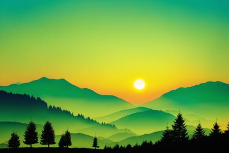 <lora:chahualiu:0.9>, chahua, spring landscape, sunrise, hills, fir trees, no humans, scenery, silhouette
