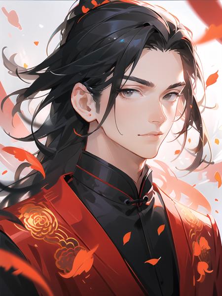 solo,male focus,1boy,black hair,petals,looking at viewer,portrait,chinese clothes,ponytail,long hair,closed mouth,lips,<lora:guofengnan:0.6>,black eyes,