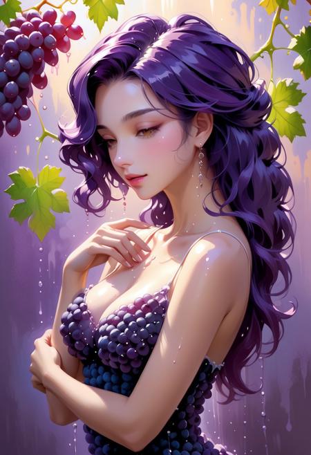 A contemporary impressionist painting of a grape, rendered with soft brushstrokes and warm tones, depicting an intimate moment in a romantic atmosphere. The feminine subject is bathed in natural light, showcasing delicate textures and subtle details, emphasizing timeless elegance and fluid movement.  The overall mood is warm, eerie, and creepy.