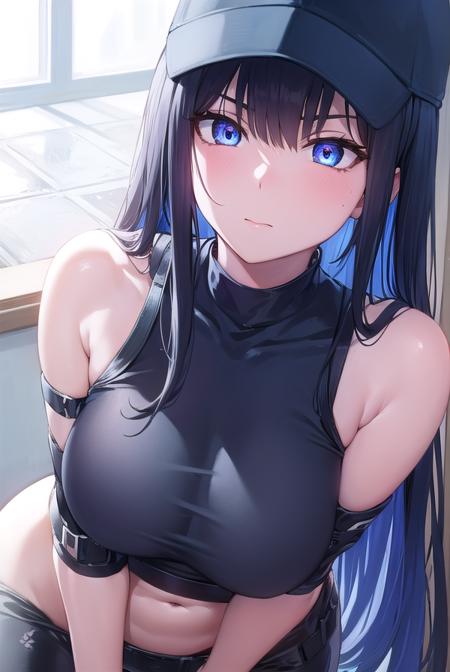 saori joumae, blue eyes, blue hair, halo, long hair, mask, mouth mask, bare arms, bare shoulders, belt, black headwear, black pants, black shirt, blue gloves, crop top, gloves, leggings, midriff, navel, pants, shirt, sleeveless, sleeveless shirt,