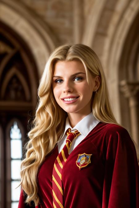 Professional photograph of a wizard woman, (up close portrait) she's 28 years old, she's <lora:charlottemckinney:0.6> charlottemckinney, she is wearing a black wizard's robe, hogwarts style. Shes' got blonde hair combed to the sides. She's nerdy. She's smiling at the viewer, standing in (Hogwarts) - beautiful common room, it's a large living room with wood furniture, a fireplace, paintings on the walls, and red velvet carpet on the ground. (She's wearing a dark robe with a white shirt) she's wearing a (striped red and gold tie). She's tall and pretty, freckled, and has a toothy smile. Looks like a nerd. 8k, masterpiece, highest quality, fantasy genre. (She's from Gryffindor.) harry potter genre. Bokeh, contrasting colours, warm lighting, British school scene, highest quality