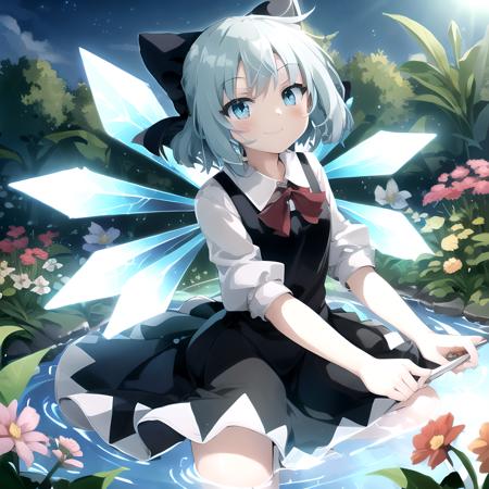 (SLE, mksks style),
1girl, cirno, cirno 4rt, ice wings, smiling, garden, pond, flowers, 
 <lora:cirno_2-05:0.7>,
vivid colours, vivid lights, cinematic lighting, frog,