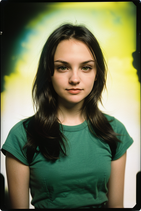 RachaelLeighCook, Century Camera Co. Studio, 160mm f/8, 1/10s, ISO 25, ((tintype:1.3)), ((portrait, full color, bold color, yellow, green, gradient)), blouse, ((geometric halftone background))