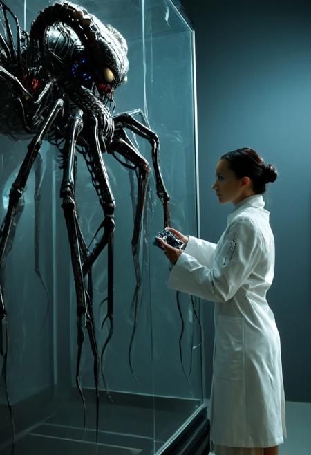 This image is a high-resolution photograph of a futuristic, highly detailed, and elaborate exhibit in what appears to be a modern, dimly lit, glass-walled museum or gallery. The centerpiece is a massive, metallic, and exoskeletal arachnid creature with an iridescent, almost crystal-like carapace that glimmers with intricate, ornate patterns. The creature's body is segmented, and it has long, slender legs and sharp, curved claws. Its head is elongated and menacing, with glowing, ethereal eyes that emit a soft, bluish light.
A woman, likely a scientist or curator, stands to the left of the creature. She has a slender build, with her dark hair tied back in a neat bun. She is dressed in a sophisticated, white lab coat with intricate, metallic adornments on the sleeves. She appears focused, possibly examining the creature or interacting with a small device in her hand.
The background is filled with more exhibits and displays, all shrouded in shadows but illuminated softly, hinting at the presence of other, similar creatures or technological artifacts. The environment is sleek and futuristic, with a modern, industrial aesthetic, featuring reflective surfaces and minimalist, angular designs.