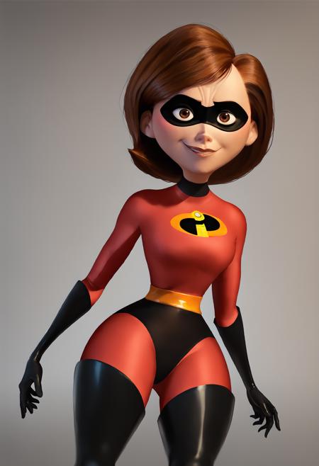 helen parr, 1girl, solo, brown hair, brown eyes, red bodysuit, domino mask, elbow gloves, lips, yellow belt, thigh boots