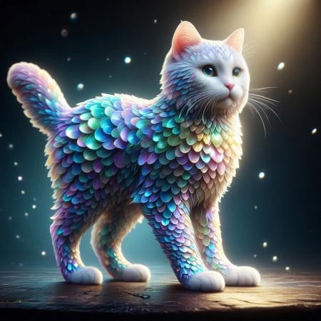 p1nk1r1sc4l3s, a cat made out of iridescent scales, masterpiece, best quality, highly detailed, sharp focus, dynamic lighting