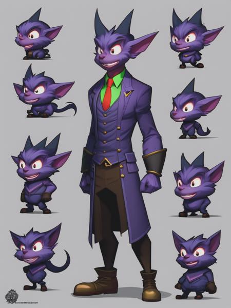 <lyco:CharacterDesign:1.0> cartoon, little hellish male imp for home duties including duties of land owner and administrator during their absence, reference sheet, Concept Art, Professional, Reference Sheet, illustration,Character Design Sheet, detailed Illustration of lupine character, Digital Art, Full-HD, 7 Segment Display