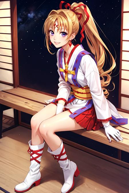 kaitou jeanne earrings, ponytail, hair ribbon, cross, japanese clothes, sash, red skirt, white gloves, white boots