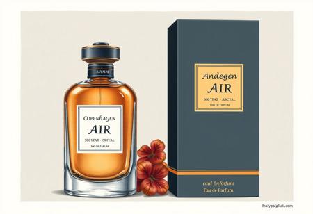 A hyper-detailed illustrator Perfume product poster design, eye-catching, elegant Bottle and Box, Name:" Andean Air", Brand: "COPENHAGEN ROYAL", "300 year Professional", " Eau De Perfume".
Apply 60-30-10 rule: 60% primary color: Warm Cream, Soft Light Wood
30% secondary color: Charcoal Gray, Rich Mahogany
10% accent color: Dusty Coral, Matte Black, Burnt Orange