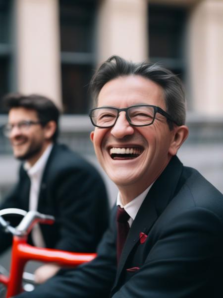 closeup Laughing on a red tandem bicycle, man Melench123 in suit, glasses, highly detailed, cinematic, Kodak portrait, sharp focus, in Paris