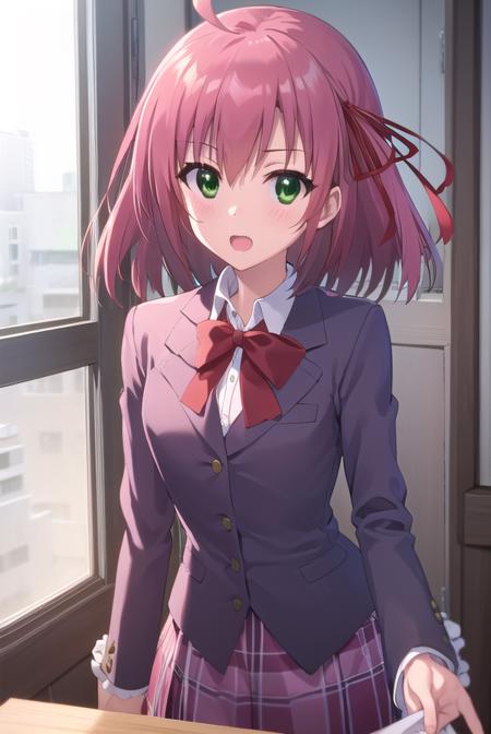 kurimusakurano, <lora:kurimu sakurano s2-lora-nochekaiser:1>,
kurimu sakurano, short hair, ribbon, (green eyes:1.3), hair ribbon, pink hair, ahoge, smile, open mouth,
BREAK skirt, school uniform, plaid, plaid skirt, shirt, white shirt, collared shirt, jacket, long sleeves,
BREAK indoors, classroom,
BREAK looking at viewer, (cowboy shot:1.5),
BREAK <lyco:GoodHands-beta2:1>, (masterpiece:1.2), best quality, high resolution, unity 8k wallpaper, (illustration:0.8), (beautiful detailed eyes:1.6), extremely detailed face, perfect lighting, extremely detailed CG, (perfect hands, perfect anatomy),