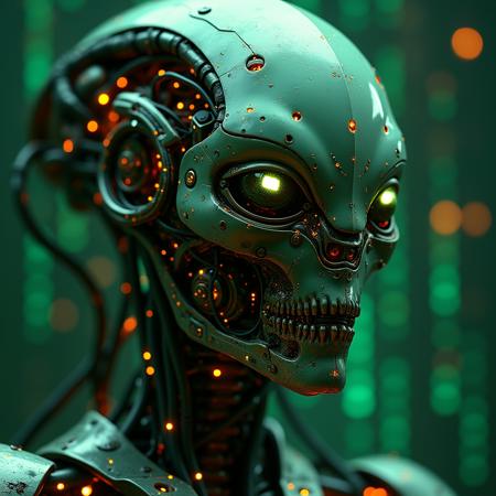 A close-up view of a robotic alien face. The face is constructed from metallic components, with numerous visible cables and intricate circuitry embedded within its structure. The color scheme is predominantly green and orange; glowing green lights emanate from the circuits, contrasting with orange highlights on the metallic plating. The background features a blurred matrix code, suggesting a digital or technological environment. The alien's facial design is angular and non-humanoid, with glowing eyes and a mouth composed of precise mechanical parts. The overall impression is one of advanced technology, coldness, and a hint of otherworldly power. The image should emphasize the intricate details of the robotic components and the interplay of green and orange light.