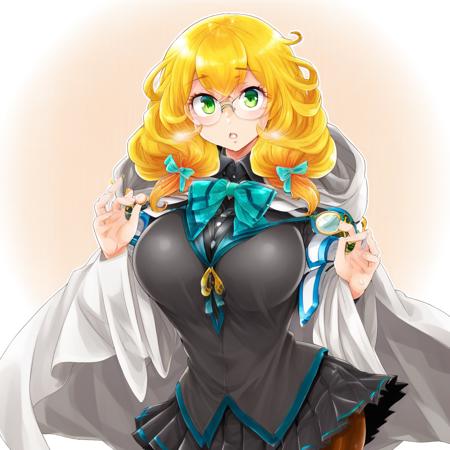 heart-shaped pupils, green eyes, blonde hair, low-tied long hair, long hair, quad tails, two side up, teal hairband, white gloves, bell, ribbon, teal ribbon, blue collar, white skirt, teal skirt, teal bow, blue trim, heart-shaped pupils, green eyes, blonde hair, low-tied long hair, long hair, quad tails, two side up, double bun, teal hairband, wing hair ornament, Angelic bikini, frilled bikini, green choker, bell, Green eyes, blonde hair, low ponytails, rounded glasses, teal ribbon, large breast, black school uniform, pleated skirt, black skirt, black shirt, blue trimming, hooded cloak, white cloak, brown pantyhose,