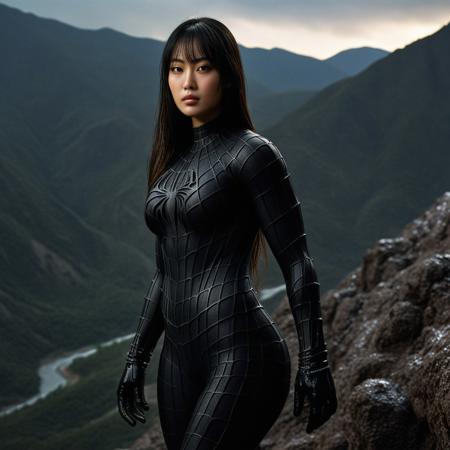 score_9, score_8_up, score_7_up, best quality, realistic, masterpiece, beautiful detail, hyperrealistic, ((1girl, woman body, big breasts)), amazing detailed full body of a beautiful japanese girl, wearing a realistic and highly detailed black raimi spider-man suit, ((huge muscular girl)), professional model wears ultra - detailed black raimi spider - man suit, ultra - detailed and grained black raimi spiderman suit, suit covered entire body and hand, black spiderman gloves, wet, (a dreamy scene of a woman on a peak of moutain, night), (dirty skin), close up, octane render, highly detailed, volumetric, dramatic lighting, (highest quality:1.1), (HDR:1.3), (top quality, best quality), realistic, high definition,