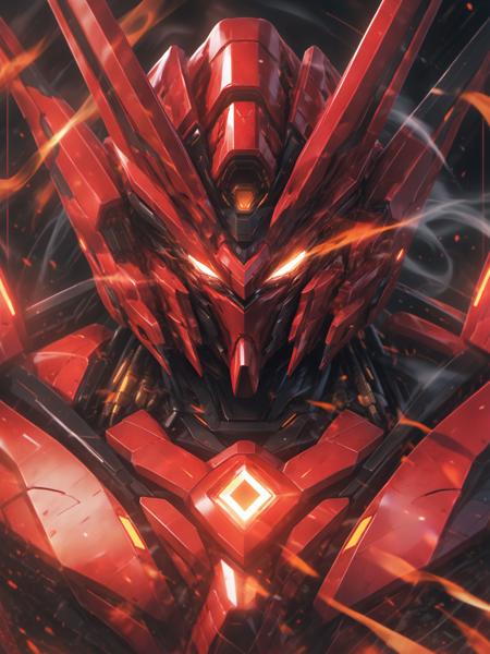 best aesthetic, lolsplashart,nijimecha,solo,looking at viewer,glowing,v-fin,glowing eyes,portrait,close-up,upper body,embers,super robot,glowing eye,horns,head tilt,from above,smoke,red theme,symmetrical compositions