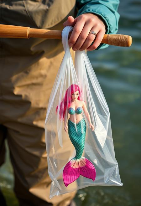 fisherman holds a transparent bag with beauty mermaid inside and a fishing rod. true story! vivid colors, professional photoshoot, 50mm lens