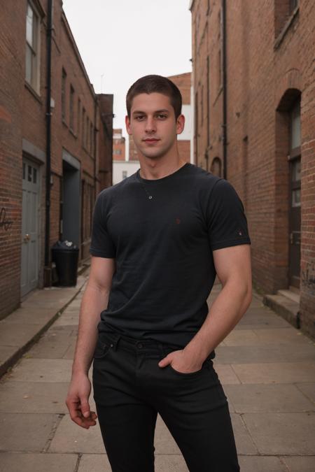 RAW Photo, medium shot photo of man sc_aaron4 <lora:sc_aaron4-07:0.85> posing in a faded black classic rock t-shirt and dark gray jeans, posing in an urban alleyway with red brick walls, distinct brick patterns, damp street, minimal graffiti, dusk, city skyline silhouette, soft diffused natural light, dazed magazine, black hair, short hair, blue eyes