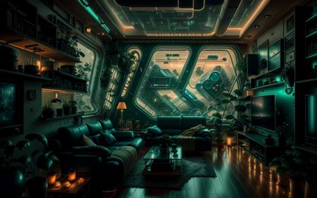 photo of a cozy futuristic living room, low light, after hours