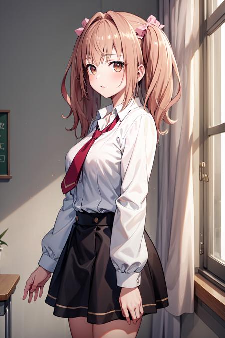 ((best quality, high quality, masterpiece, highres)), noa akizuki, 1girl, solo, looking at viewer, school uniform, white shirt, red necktie, bow, school, classroom, cowboy shot, skirt, <lora:noa_akizuki:0.8>