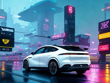 XPeng P6, a white car on road. High quality picture. Detailed picture. Masterpiece. ArtStation. A high resolution. , neon lights , dystopian city , hackers , by Josan Gonzalez , Simon Stalenhag , 0.8Maciej Rebisz , Mike Winkelmann (Beeple) , Darek Zabrocki <lora:xpeng_v1.2:0.9>