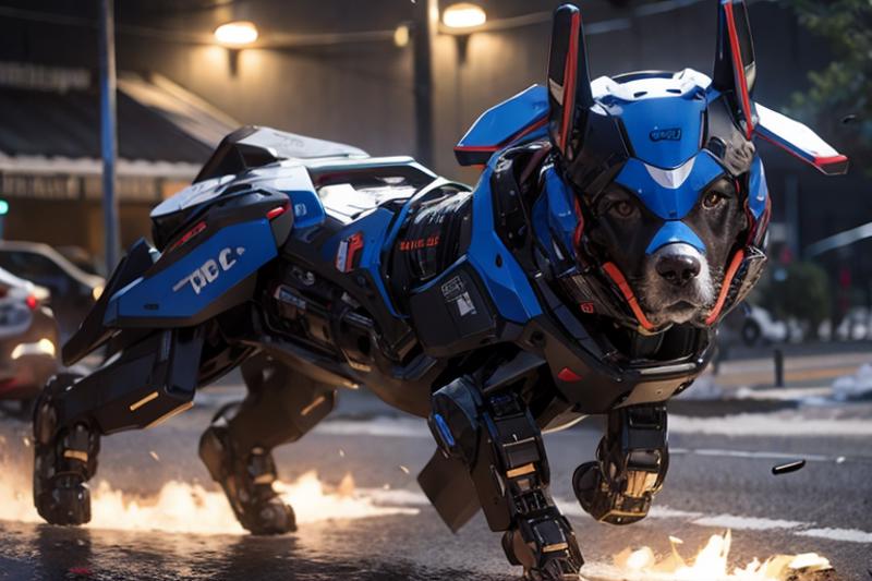 A dog wearing a blue and black robotic suit and helmet.