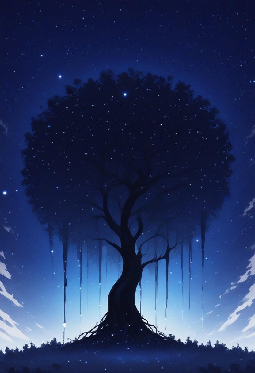 abstractzyrnox, abstract, abstract art, White and Blue Theme, Lucid Void, light particles, starry sky, tree, dripping, illustration, anime