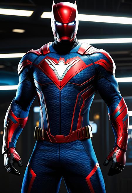 digital art of a superhero suit, dynamic and powerful design, form-fitting spandex material with reinforced Kevlar panels, striking color scheme, intricate detailing, futuristic aesthetics, sleek and streamlined silhouette, high-tech fabric textures, realistic lighting, immersive 3D rendering, 4K resolution, Marvel Comics inspired