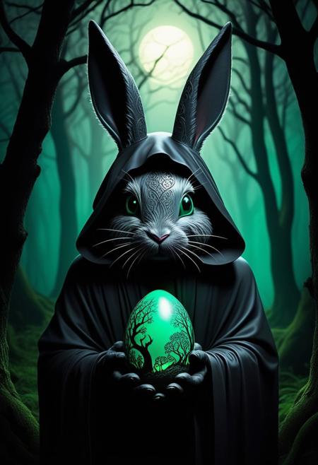 A hauntingly beautiful dark fantasy illustration of an Easter Bunny, cloaked in shadows and partially obscured by a veil of darkness. The Bunny is adorned with intricate, menacing tattoos and wears a sinister smile. It holds a large, ominous egg that glows with a sickly green light. The backdrop of the scene is a twisted, gnarled forest, with eerie moonlight casting long shadows across the ground.