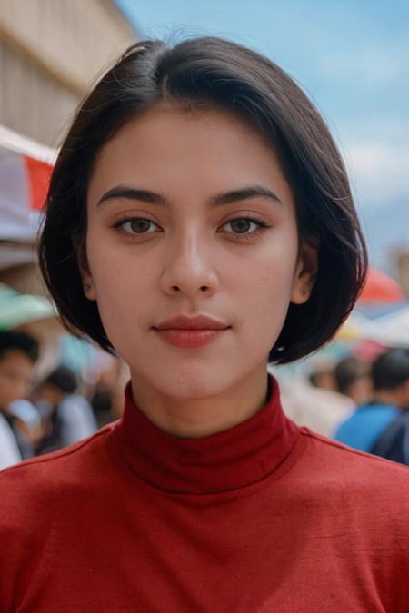 analog film photo solo, realistic, ((indonesian woman)), (((Black hair, Wolf Haircut))), (((Confused, Wide-open eyes, a slightly furrowed brow, and a slightly open mouth.))), (((Elegant high-neck blouses))), ((street market, vibrant stalls, aromatic street food, bustling)), ((dynamic pose)), PA7_Human-Likeness, PA7_Photo, high detailed, PA7_Portrait-HL_v2, 8k, clear facial features, bokeh, <lora:PAseer-SD15-LCM Quick:1> <lora:ReaLora:.2> skin <lora:GStyle_-_Photography_Style:.4> gstyle  <lora:[ID]_-_Sari_Hartati:1> sarihartati . faded film, desaturated, 35mm photo, grainy, vignette, vintage, Kodachrome, Lomography, stained, highly detailed, found footage