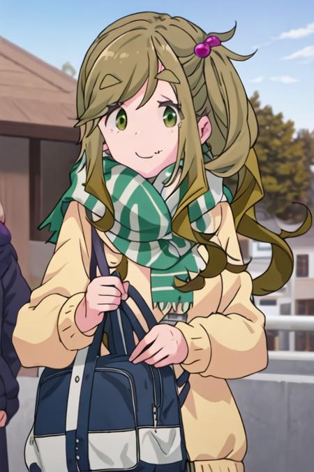 best quality, masterpiece, highres, solo, {inuyama_aoi_yurucamp:1.15}, thick_eyebrows, long_hair, fang, skin_fang, brown_hair, green_eyes, smile, closed_mouth, side_ponytail, hair_ornament, hair_bobbles, 1girl, fang_out, scarf, outdoors, striped_scarf