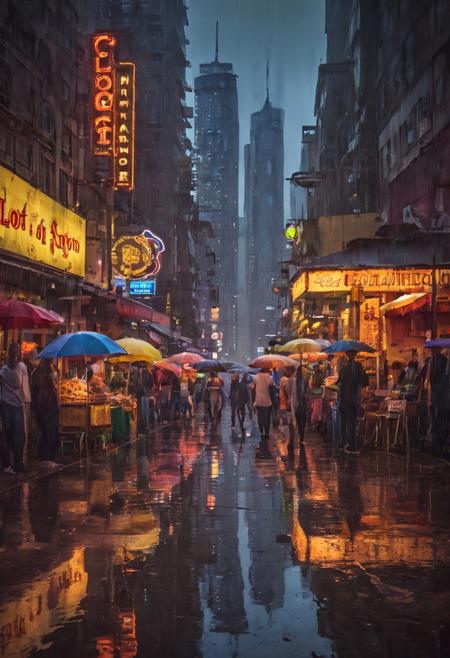 zzCitronCAT, twilight, city street, lot of people, neon signs, heavy rain, umbrellas, reflections, skyscrapers, exotic architecture, street vendors