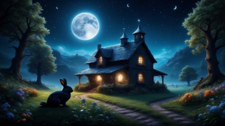 fantasy landscape, fantasy forest, fantasy farm, night, moon, starry sky, dark raven, depressing, cute bunny,, (masterpiece:1.2), (epic composition:1.4), (talent:1.2), ultra detailed, cinematic lighting, highly detailed, insanely detailed, (photorealistic:1.2), hdr, 8k, exquisite, sharp, elegant, ambient lighting, fantasy vivid colors, high quality,