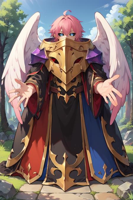 kadef, 1boy, pink hair, blue eyes:0.2, black sclera:0.2, wings, angel wings, feathered wings, armor, shoulder armor, robe, mask, gold trim, covered mouth