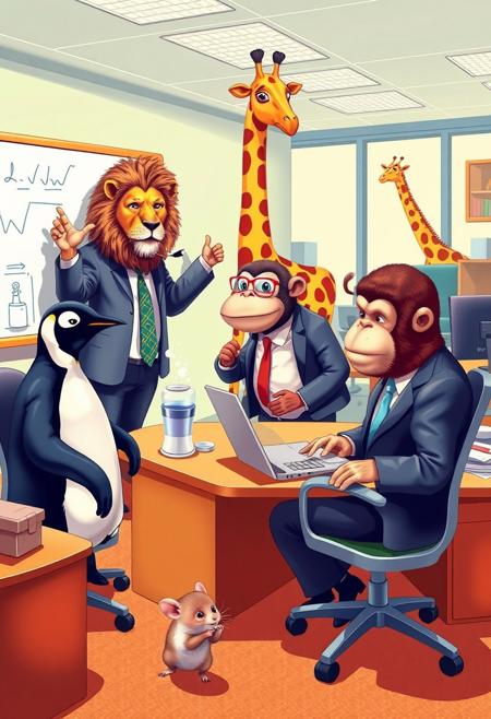 Create a vibrant and funny scene in a busy office where all the workers are replaced by animals in business suits. A serious-looking lion is giving a presentation at the whiteboard, while a clumsy penguin is spilling coffee on the desk, and a monkey is typing furiously on a laptop. In the background, a giraffe is struggling to use the water cooler because it's too tall, and a tiny hamster is trying to use a huge swivel chair, but it keeps spinning. Bright colors, playful expressions, and exaggerated comedic movements.