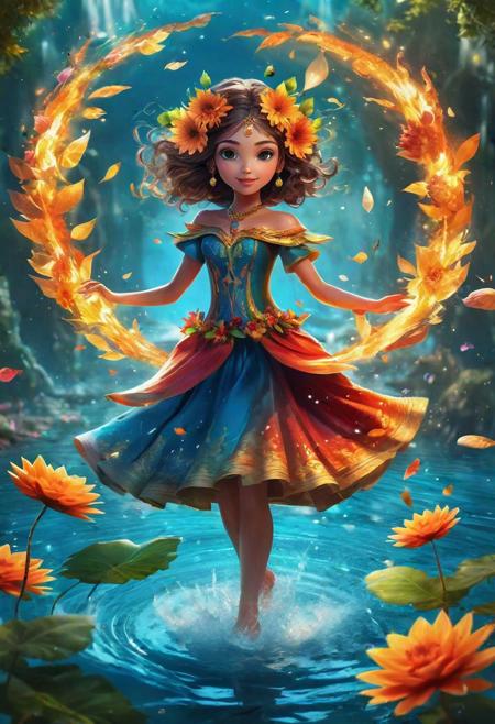 Surreal, future, a cute little girl with big eyes, slim face, happy expression, glowing body, wearing a costume made of flowers and leaves, with a background of water and fire, magical and complex, a vortex forming under her feet, flying, in the air There are ethereal elements floating, mysterious,