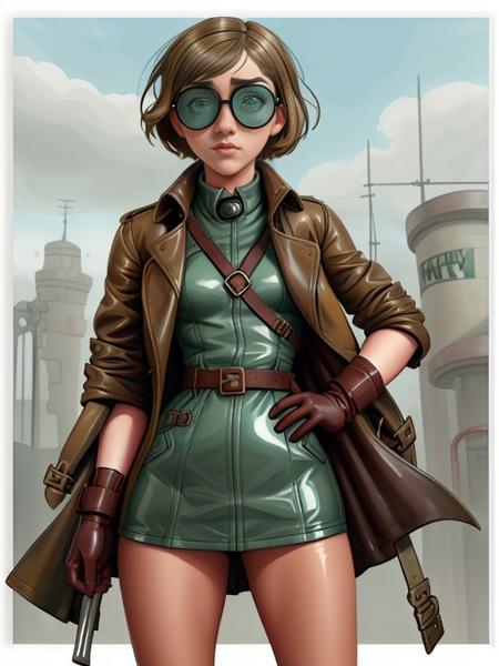 Maisie Williams , watercolor pencil (medium) style outfit, trench coat, leather gloves, and aviator goggles , gym
glossy skin,  smooth skin,