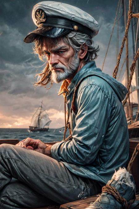 (RAW photo, 8k uhd, Analog style, Masterpiece, Best Quality, Highres:1.4), (dramatic, cinematic:1.2), BREAK,
movie shot of (80 yo:1.2) (old male:1.3) (fisherman:1.25) (sailor man:1.25) (sitting:1.1) (on deck:1.35) of (old dilapidated:1.2) (wooden sailboat:1.3), against railing, (from side:1.2), (stern face:1.2), (deep wrinkles:1.2), (gray long beard:1.3), (grey eyes:1.2), ((shabby:1.2) old (torn:1.15) (raincoat:1.1), brown (pants:1.1), (sailor hat:1.1) (sou'wester:1.2), jackboots:1.1), (lowered head:1.2), (tired sad expression:1.15), BREAK,
(stormy sea, gloomy dark clouds:1.2) on background, (splashes, water drops, rain:1.25), (seafoam:1.1), (flying white seagulls:1.25), (rocks, cliffs:1.3), (dark haze:1.2), (wet clothes:1.1), fishing (nets with fish:1.3) on deck, (ropes:1.1), (tense hopeless eerie atmosphere, cold, floes:1.2), BREAK,
(photorealistic:1.3), (rough details, (male focus:1.1):1.2), (desaturated, cold lighting:1.3), (hyperdetailed, absurdres:1.2), BREAK,
<lora:more_details:0.9>,
<lora:zoom_slider_v1:4.5>,