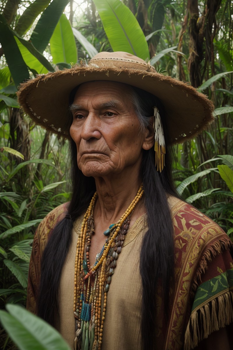a beautiful portrait of chief dan george taking tobacco in the jungle, hyper realistic face, fantasy art, in the style of,...