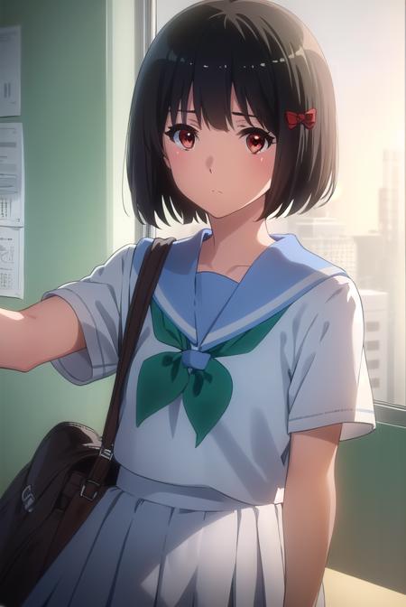 kanadehisaishi, <lora:kanade hisaishi movie-lora-nochekaiser:1>,
kanade hisaishi, short hair, bangs, black hair, (red eyes:1.3), bow, hair bow, red bow,
BREAK skirt, shirt, school uniform, white shirt, short sleeves, pleated skirt, serafuku, sailor collar, blue skirt, neckerchief, blue sailor collar, school bag, (green neckerchief:1.2), kitauji high school uniform,
BREAK indoors, classroom,
BREAK looking at viewer, (cowboy shot:1.5),
BREAK <lyco:GoodHands-beta2:1>, (masterpiece:1.2), best quality, high resolution, unity 8k wallpaper, (illustration:0.8), (beautiful detailed eyes:1.6), extremely detailed face, perfect lighting, extremely detailed CG, (perfect hands, perfect anatomy),