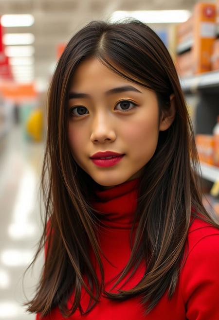 The image is a close-up portrait of a young woman pokimane, wearing a red turtleneck dress. She has dark brown hair and brown eyes. She is in walmart
