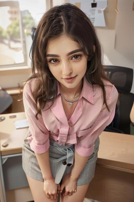 high quality portrait image of posing smiling beautiful tiny petite skinny slim busty indian, (((hands placed on desk as she is bent over this desk leaning close to camera))), ((unbuttoned downblouse)), ((bent at the waist over an office desk leaning into the camera downblouse view:1.5)), ((button-up pink blouse and long cotton stretchy  tight bodycon skirt)), (((elbow squeeze))), ((((Zoomed in on shirt gigantic cleavage)))), perfectsmile smile, ((cute girl face)), tiny nose, small nose, ((background is an open workspace with cubicles and employees:1.1)), (((huge tits in unbuttoned shirt))), (((downblouse))), (crowd, crowded office, many people in background), ((blonde)), (cute girl face)
