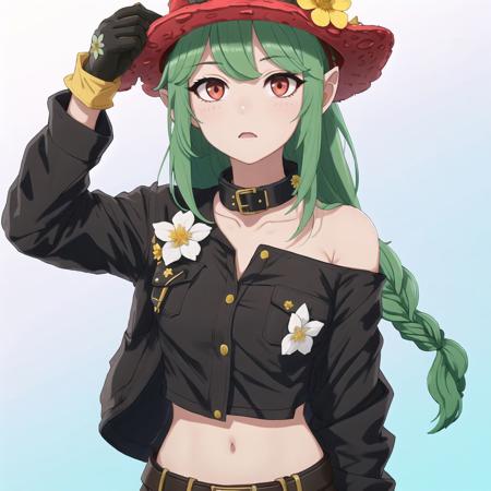 <lora:retro_ham_avas_jun_rifl:1>,


1girl, animal, beudelb, black collar, black headwear, black shirt, braid, brown hair, collar, crab, crop top, cropped torso, ears through headwear, flower, flower on head, gloves, gradient, gradient background, green background, green hair, hand up, hat, head tilt, highres, holding, holding animal, hyena ears, infection monitor \(arknights\), jacket, korean commentary, long hair, looking at viewer, metal crab \(arknights\), multicolored hair, off shoulder, red eyes, shirt, simple background, streaked hair, upper body, white background, white jacket, yellow flower, yellow gloves