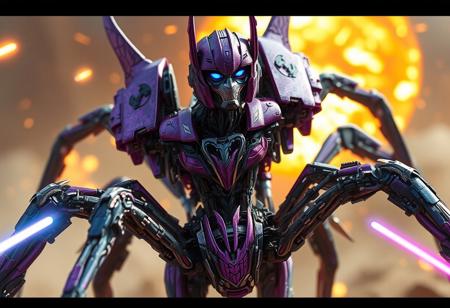 transformers generation 1, woman robot made of spider parts, scorn, with gorgeous detailed eyes in the style of precisionism, gaston bussiere, a picture, purple and blue, spider legs, insect eyes, wide focus, action pose, lasers, explosions, decepticon