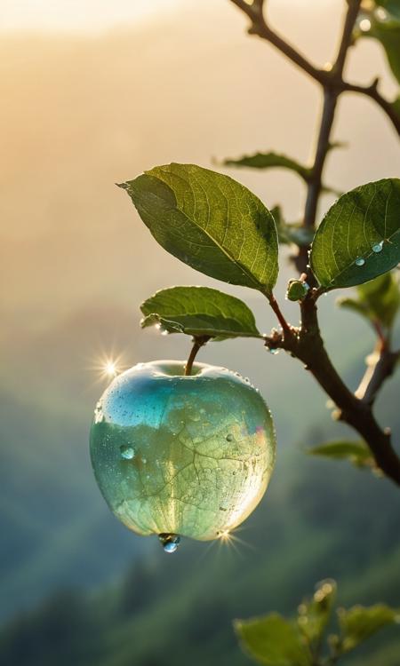 cinematic still a delicate apple made of opal hung on branch in the early morning light, adorned with glistening dewdrops. in the background beautiful valleys, divine iridescent glowing, opalescent textures, volumetric light, ethereal, sparkling, light inside body, bioluminescence, studio photo, highly detailed, sharp focus . emotional, harmonious, vignette, 4k epic detailed, shot on kodak, 35mm photo, sharp focus, high budget, cinemascope, moody, epic, gorgeous, film grain, grainy, a delicate apple made of opal hung on branch in the early morning light, adorned with glistening dewdrops. in the background beautiful valleys, divine iridescent glowing, opalescent textures, volumetric light, ethereal, sparkling, light inside body, bioluminescence, studio photo, highly detailed, sharp focus, elegant, intricate