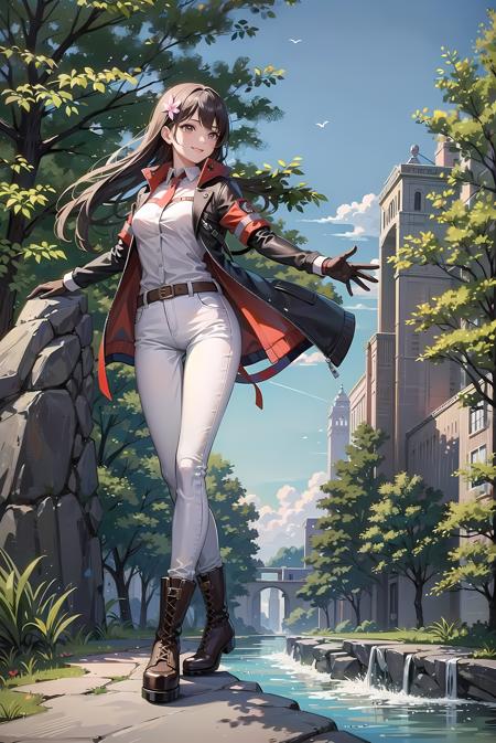 [((masterpiece, best quality:1.4)), (((extremely detailed))), sharp image:1.4, (high quality, highres:1.4)], 1girl, jacket, jeans, boots, gloves, smile, dynamic pose, hair ornament, solo, waterfall, river:1.4, water, plant, flower, road:1.1, looking at viewer, butterfly, tree, forest, travel:1.4, traveler, ornament, backpack